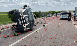 Konya'da kamyonet devrildi: Etrafa saçılan karpuzlar yolu kırmızıya boyadı