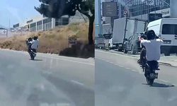 Hatay'da motosikletlinin tehlikeli hareketleri yürekleri ağza getirdi
