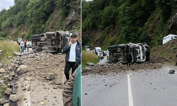 Trabzon'da hafriyat kamyonu yola devrildi: 1 yaralı