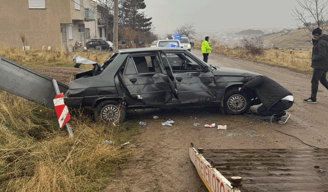 Afyon'da trafik levhasına çarpan otomobil şarampole düştü