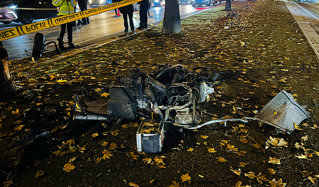 Konya'da kontrolden çıkıp ağaca çarpan otomobil alev aldı