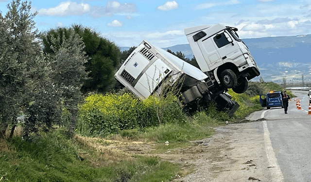 Denizli-Manisa karayolunda tır kazası: Araç bağa girdi