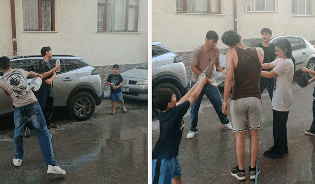 Eskişehir'de sıcaktan bunalan gençler serinlemek için su savaşı yaptı