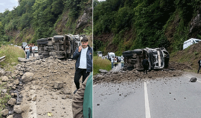 Trabzon'da hafriyat kamyonu yola devrildi: 1 yaralı