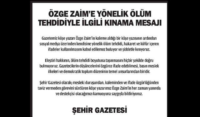 Özge Zaim’e yönelik ölüm tehdidiyle ilgili kınama mesajı