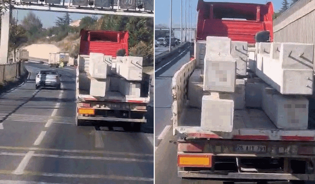 Eskişehir'de araca bağlanmadan taşınan tonluk beton bloklar trafiği tehlikeye düşürdü
