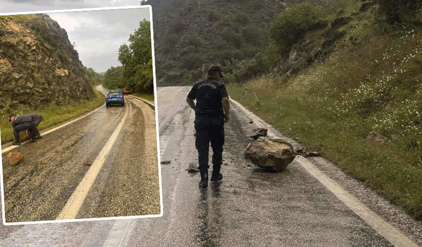 Bilecik'te yağışın ardından yola düşen kayalar tehlike saçtı