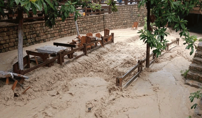 Hatay'da yağışla birlikte dere taştı, çay bahçesi su içinde kaldı
